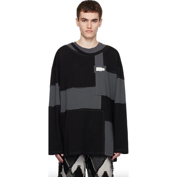 Feng Chen Wang Men's Patchwork Black Gray Long Sleeve Shirt Size XL - Picture 1 of 15